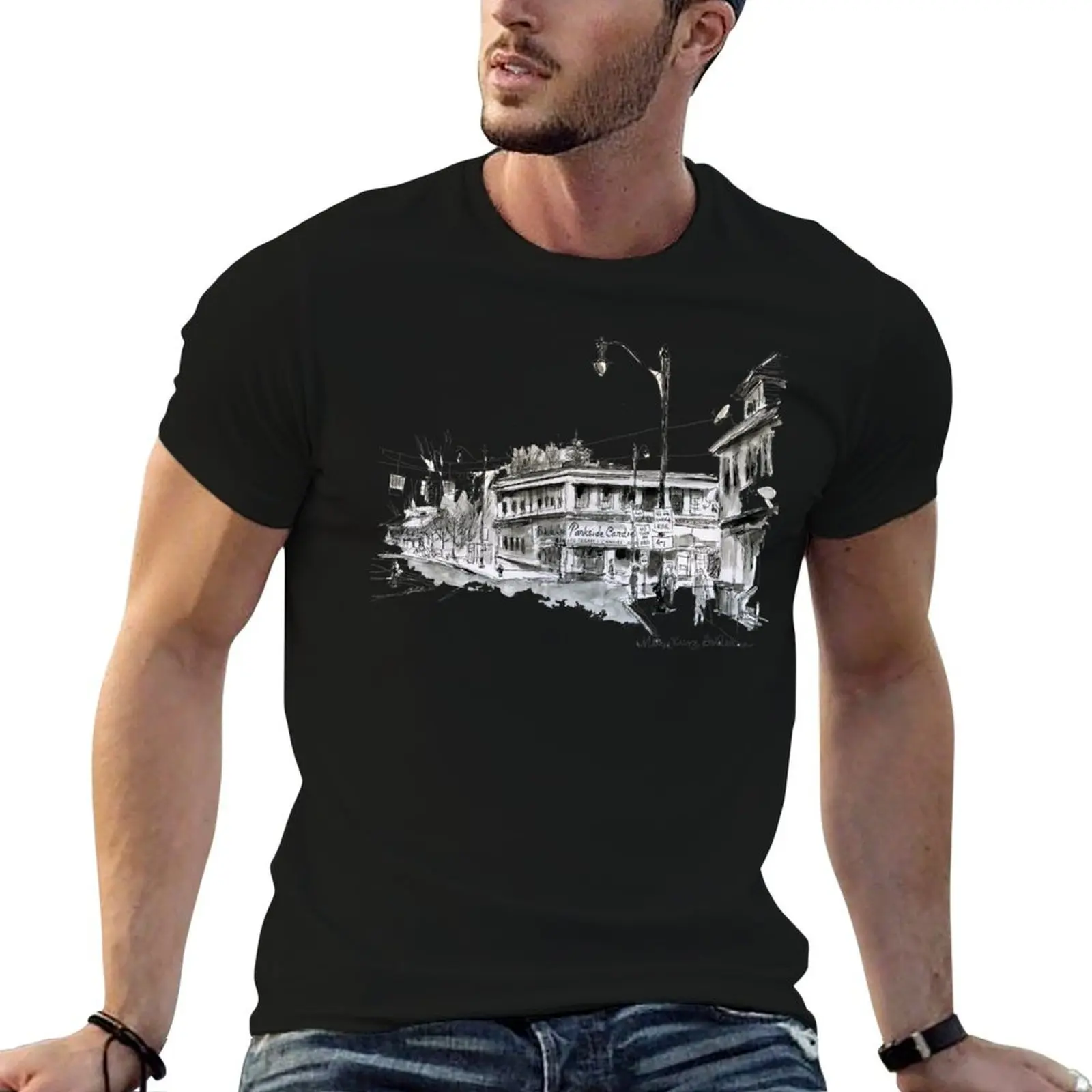 Whimsical Buffalo NY Ink Sketch - Parkside Candies Historic Ice Cream Parlor Candy Shop T-Shirt t shirt custom print T-Shirt