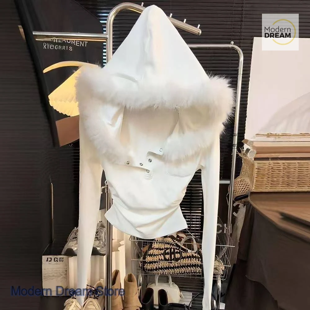 

Korean style super nice bottoming shirt hooded fur collar long-sleeved sweater women's autumn and winter new spice coat jacket.