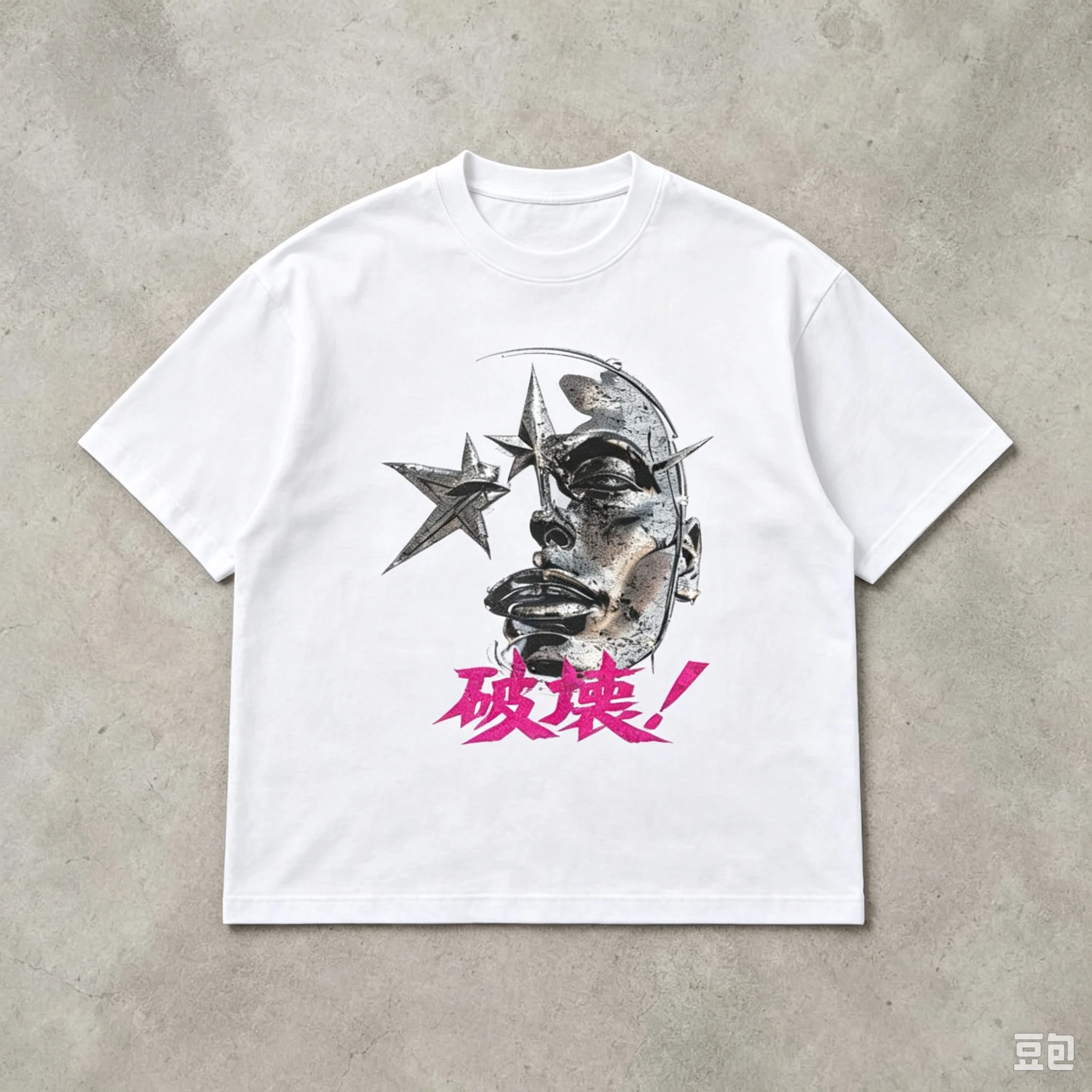Men Cyberpunk Mechanical Face Graphic T-Shirt Japanese Kanji Destruction Print Crew Neck Short Sleeve Streetwear Summer Tee