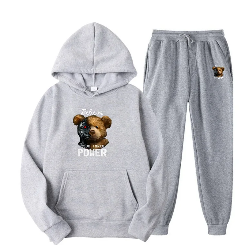 Robot Bear Fashion Design Print Men\'s Hoodie Set Spring Autumn Pure Cotton Oversized Long Sleeve Hoodie+Loose Casual Sweatpants