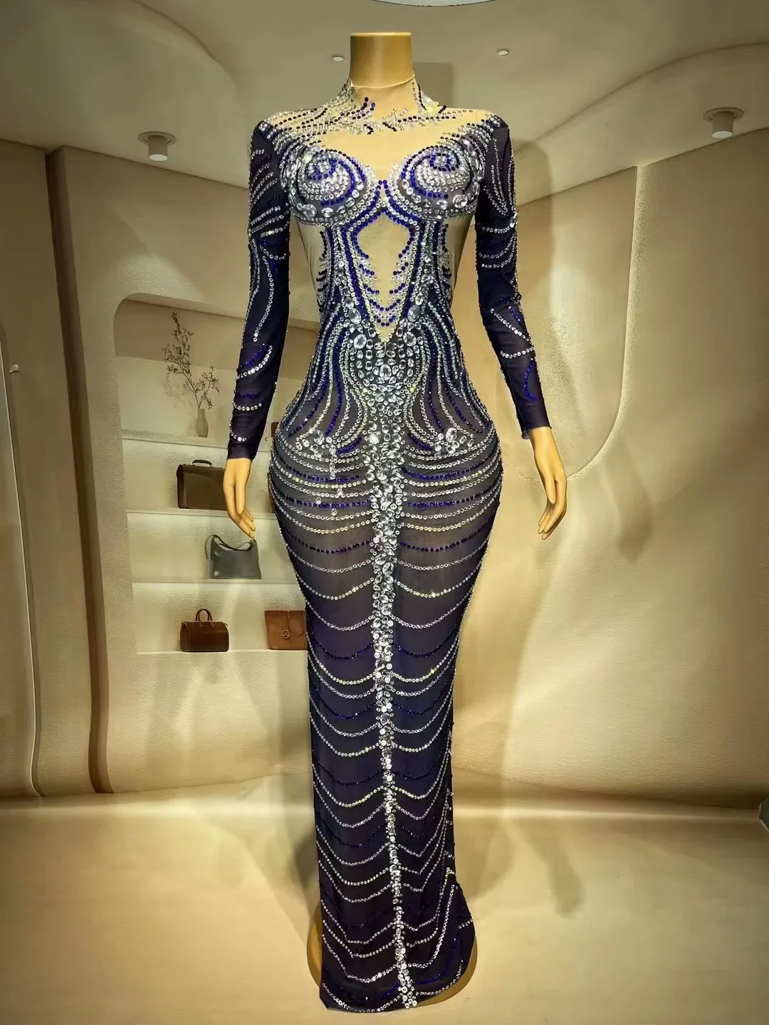 Traje de cumpleaños para celebración, vestido largo azul, traje de Club nocturno, malla transparente con diamantes de imitación, vestido para sesión de fotos