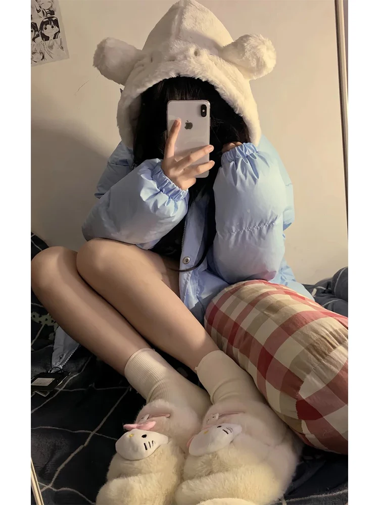 Cute Kit  Plu Hooded Jaet Women's Autumn Winter Thiened Bread Sle Cotton Coat Loose Fit College Sle Zipper Clo...