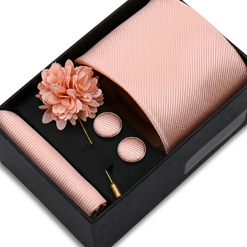 Top Quality Solid Color Ties Hanky Cufflinks Brooch Set Elegant Jacquard Necktie For Men Business Wedding In Gift Box Gravatas - Image 23