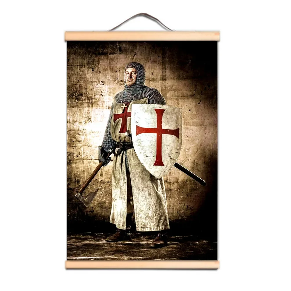 Vintage Crusader Warrior Wall Hanging Painting For Rooms & Offices Masonic Knights Templar Scroll Posters with Solid Wood Axis 5