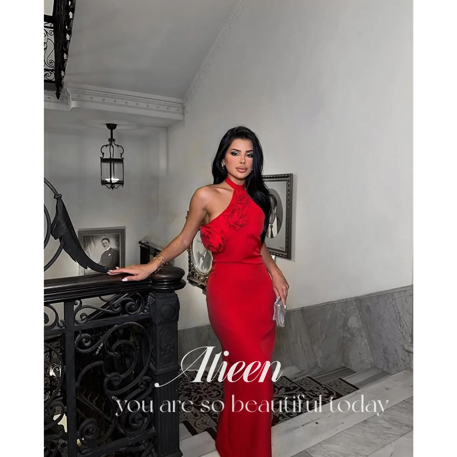 

Aileen Flowers Chic Evening Dresses for Special Occasions Red Elegant Party Dresses 2025 Customized Neck Halter Prom Dress Gala