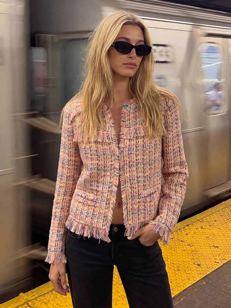 HH Elegant Women’s Tweed Fringe Blazer 2026 Spring Autumn Female O-Neck Long Sleeves Multi-Color Plaid Cropped Jacket Outerwear