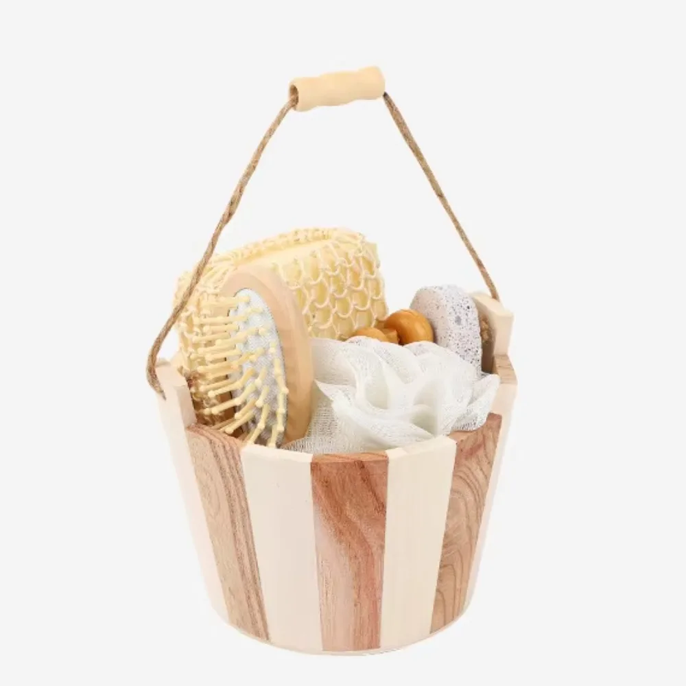 Wooden Bathroom Set with Storage Bucket, Shower Washer Set, Body Exfoliating Kit, Shower Grinder