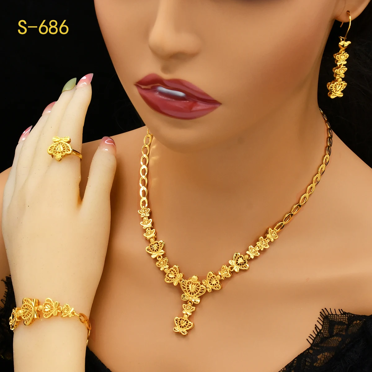 ANIID Indian 24k Gold Color Flower Shape Necklace Earrings Bracelet Ring Set Elegant Bridal Wedding Jewelry Sets for Dubai Lady