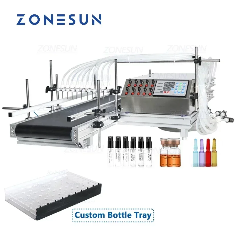 ZONESUN Automatic 10 Heads Peristaltic Pump Essential Oil Water Bottle Filling Machine With Conveyor Belt ZS-DTPP10B