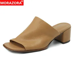 MORAZORA Women's Shoes 2024 New Cow Leather High Heels Slippers Female Fashion Peep Toe Ladies Mules Party Dress Shoes