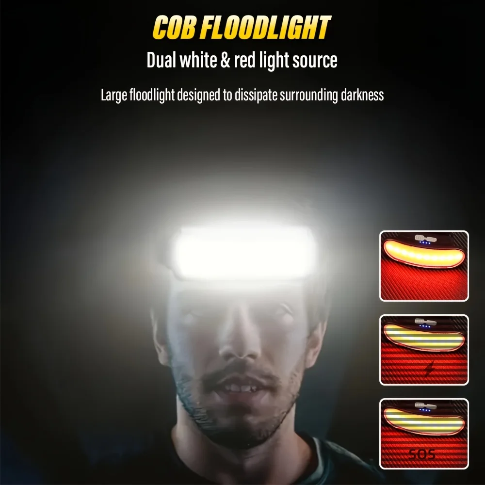 COB Fishing Headlamp Portable Work/Camping Light USB Rechargeable White/Red LED Headlight Flood Beam Long-Endurance Head Lamp