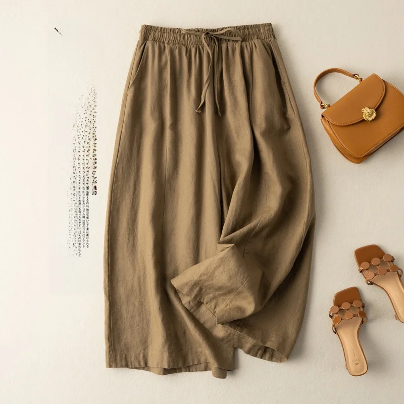 بنطلون واسع الساق من الكتان الفني للنساء، صيفي أبيض رقيق مستقيم من القطن والكتان، خصر عالي فضفاض بمقاسات كبيرة، بنطلون بطول الساق