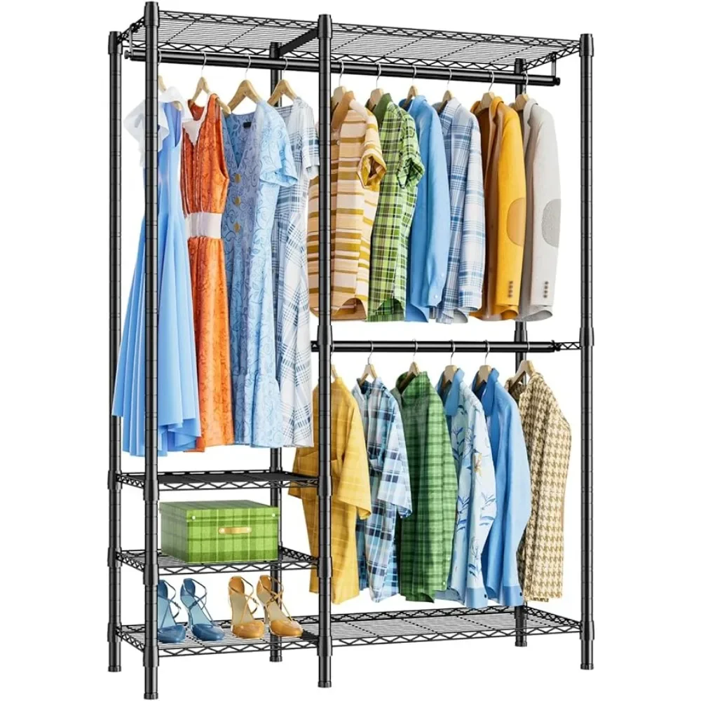 K4 Heavy Duty Clothes Rack, 4 Shelves & 2 Hang Rods, Black, Carbon Steel, 16.5