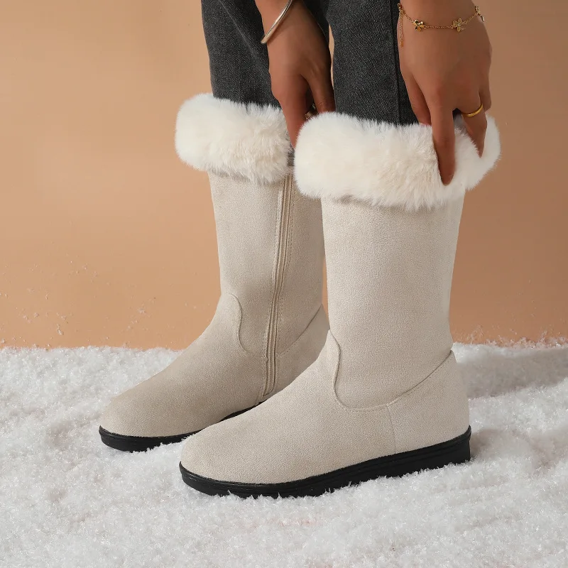 Botas De Nieve De Invierno Para Mujer, Media Pantorrilla, Peludas Y Cálidas, Con Cremallera Lateral, Gamuza Informal_voghion.com