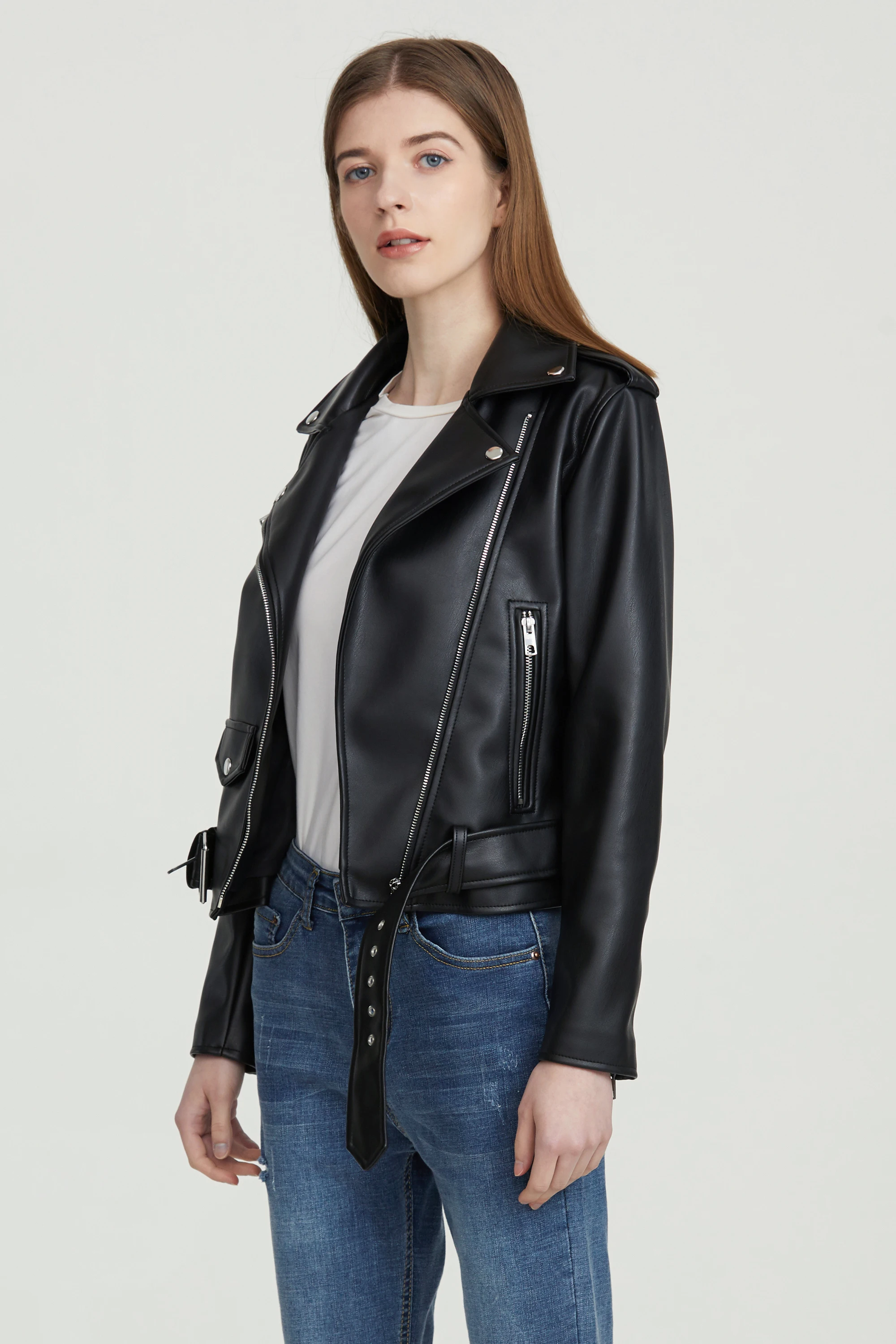 Dames Moto Biker zwarte punk jas dame met riem leren jas kunst PU lederen bovenkleding