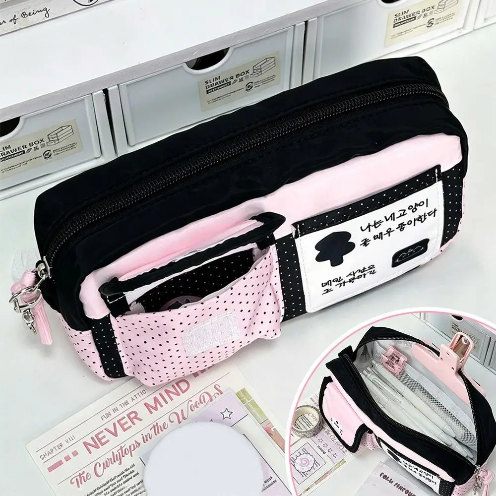 Multi-functional Cat Print Pencil Case Large Capacity Portable Pen Bag Polka Dot Design Stationery Organizer Students