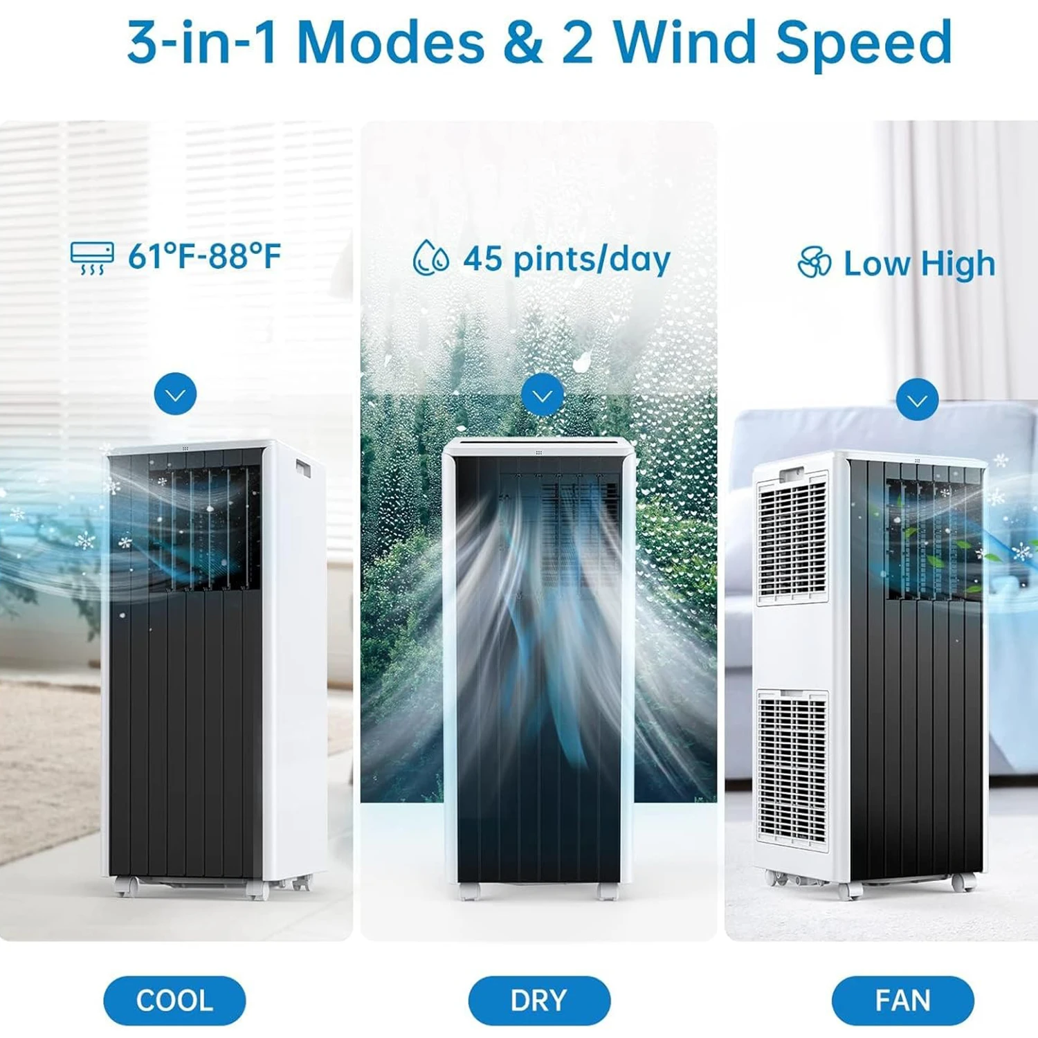 مكيف هواء محمول 8000 وحدة حرارية بريطانية، وحدة تيار متردد تبريد تصل إلى 350 قدم مربع، تبريد 3 في 1، مزيل رطوبة، مروحة، لغرفة نوم المكتب المنزلي