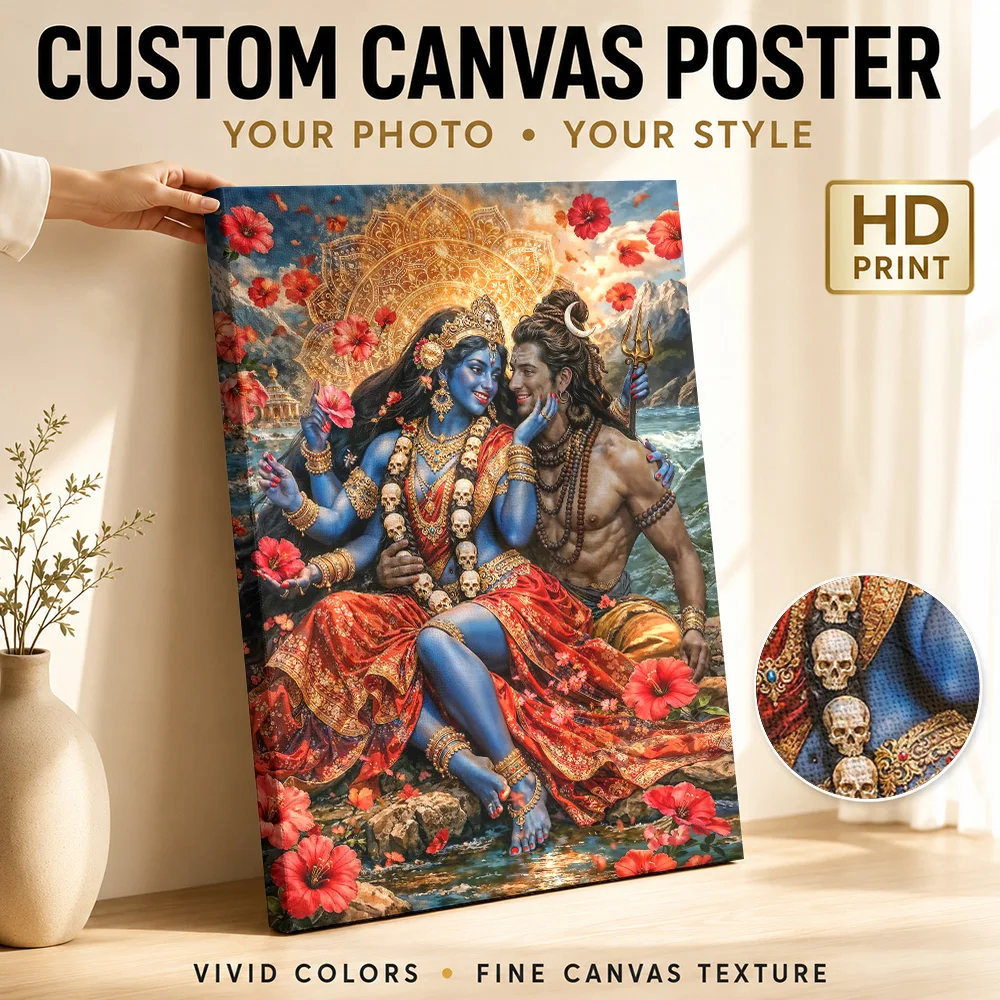Shiva And Kali In A Floral Landscape Framed Canvas Print Poster Customized Photo Spiritual Mythology Wall Art for Office Decor