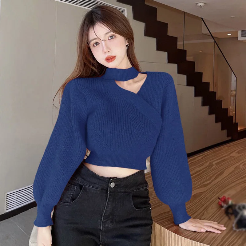 

V-neck Cross Neck Off Shoulder Knitwear TopsWomen's Neck Hanging Solid Sweater Warm Pullover Sweater