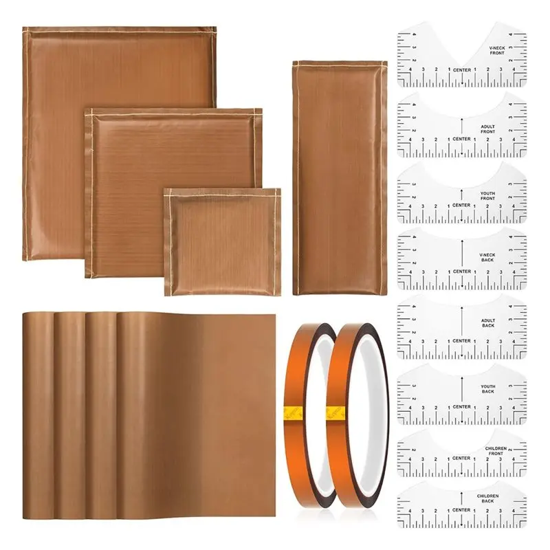 

ABUI-DIY Heat Press Kit Includes 18 Pcs With 4 Size Pillows, PTFE Sheets, Tape, And T-Shirt Rulers