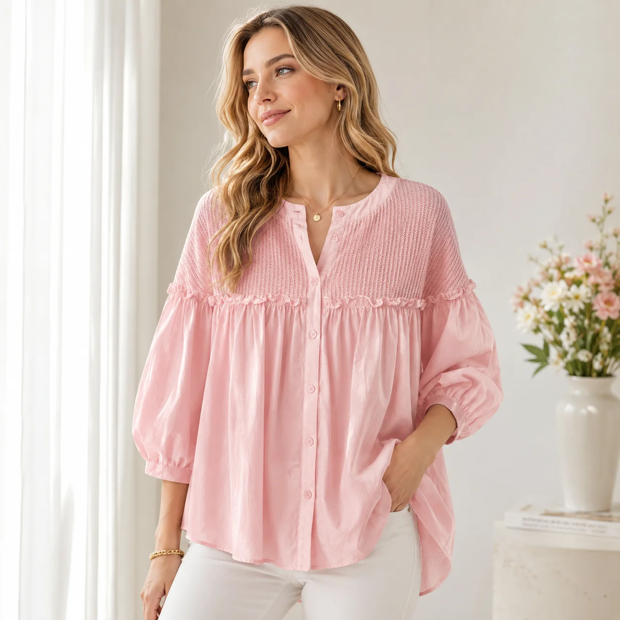 Women’s Loose Babydoll Blouse 3/4 Lantern Sleeve Knit Yoke Button Down Summer Top Pink White Apricot M-3XL
