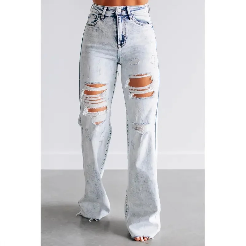 Women Wash Super Stretchy Wide Leg High Waist Hole Patched Simple Basic Solid Denim Flared Trousers New Fashion Female Jeans