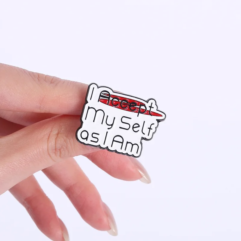 Creative Inspirational Quotes Badge Brooch Pins Cartoon I Accept My Self As I Am Enamel Lapel Pin Accessory On Backpack Clothing