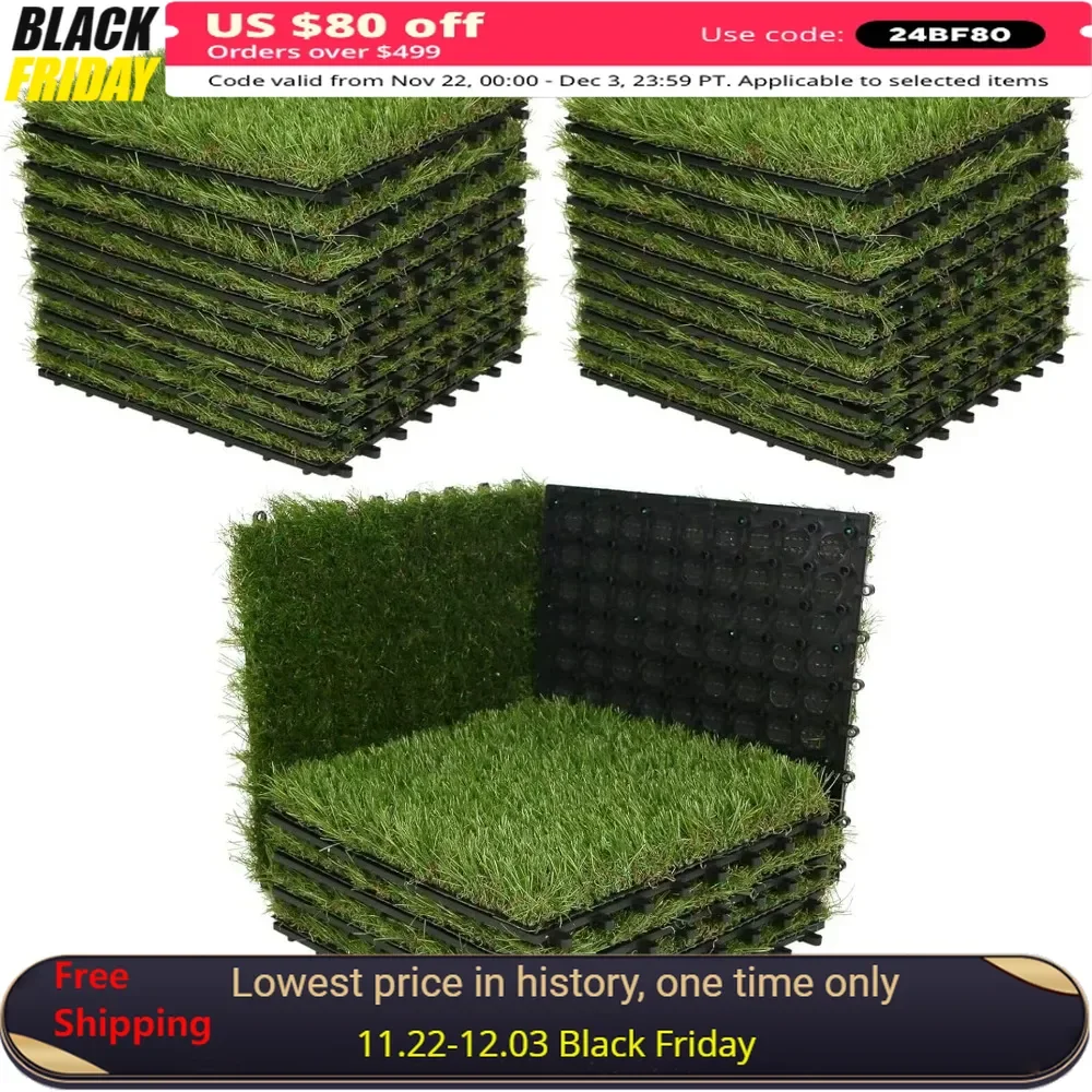 Artificial Grass Turf Tiles Interlocking Set 27 Pieces,Square Fake Grass Tiles Self-draining for Pet Indoor， Flooring Decor