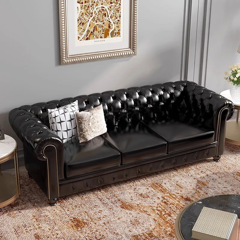 American Style Vintage Retro Genuine Cowhide U Shape Three Seat Sponge Filled Sofa for Small Apartment Living Room Bar Hotel
