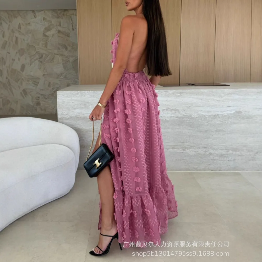 ハイウエストホルターネック3Dフラワーメッシュスリット入りイブニングドレス、バックレスシャーリングラッフルヘム、ダブルレイヤーマキシドレス（レディース）