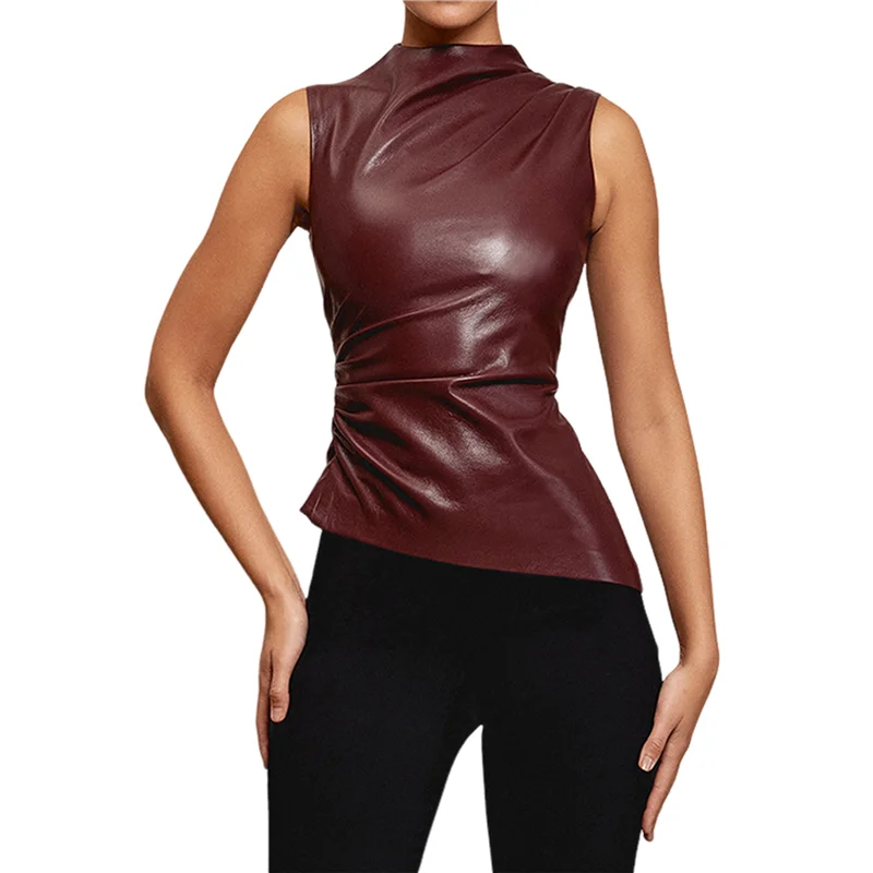 

CGS-Women's Street Solid Mock Neck Sleeveless PU Leather Pleated Slim Fit Tank Top Wine Red XS