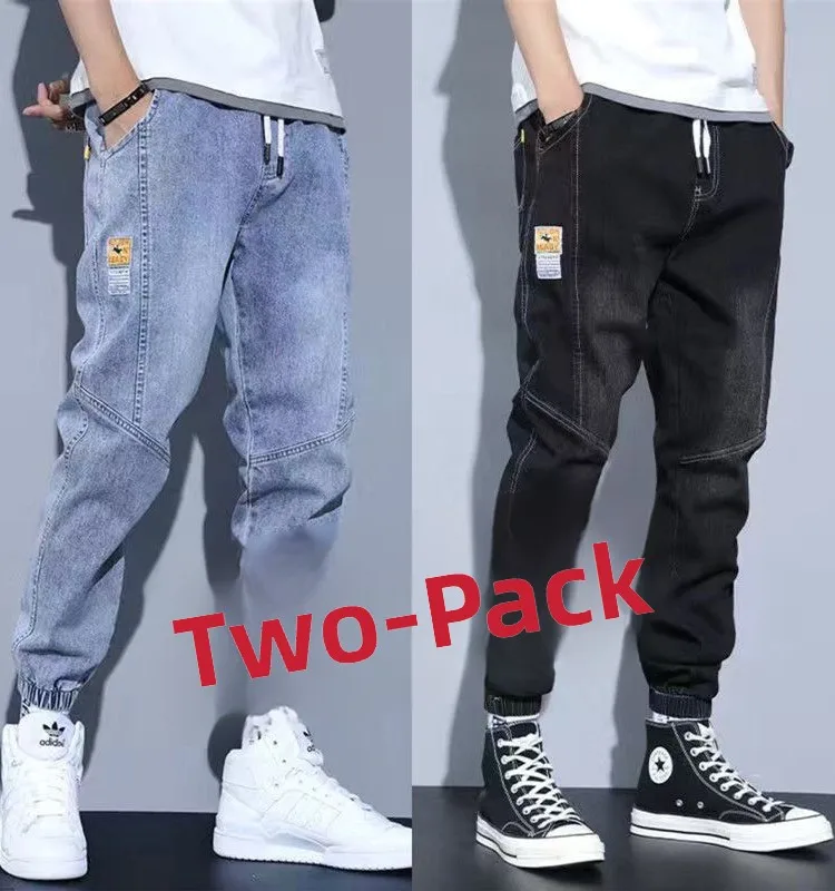 

Мужские джинсовые джинсы, весенне-осенние модные шаровары из девяти предметов, свободные повседневные длинные брюки с эластичной резинкой на талии, молодежные регулируемые тонкие брюки