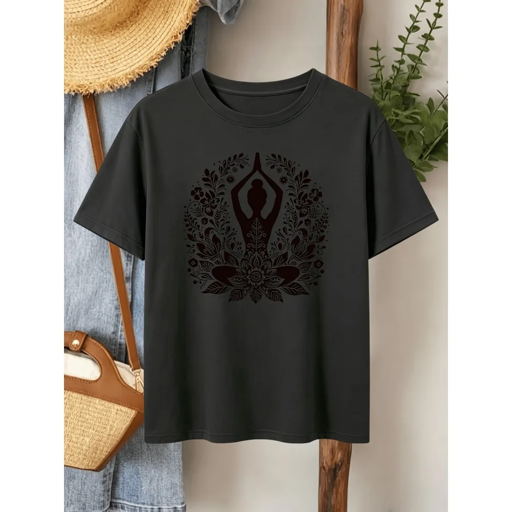Lotus Mandala Printed Short-Sleeve T-Shirt Bohemian Ethnic Design Comfortable Round-Neck Casual Top Retro Style Shirt Classic