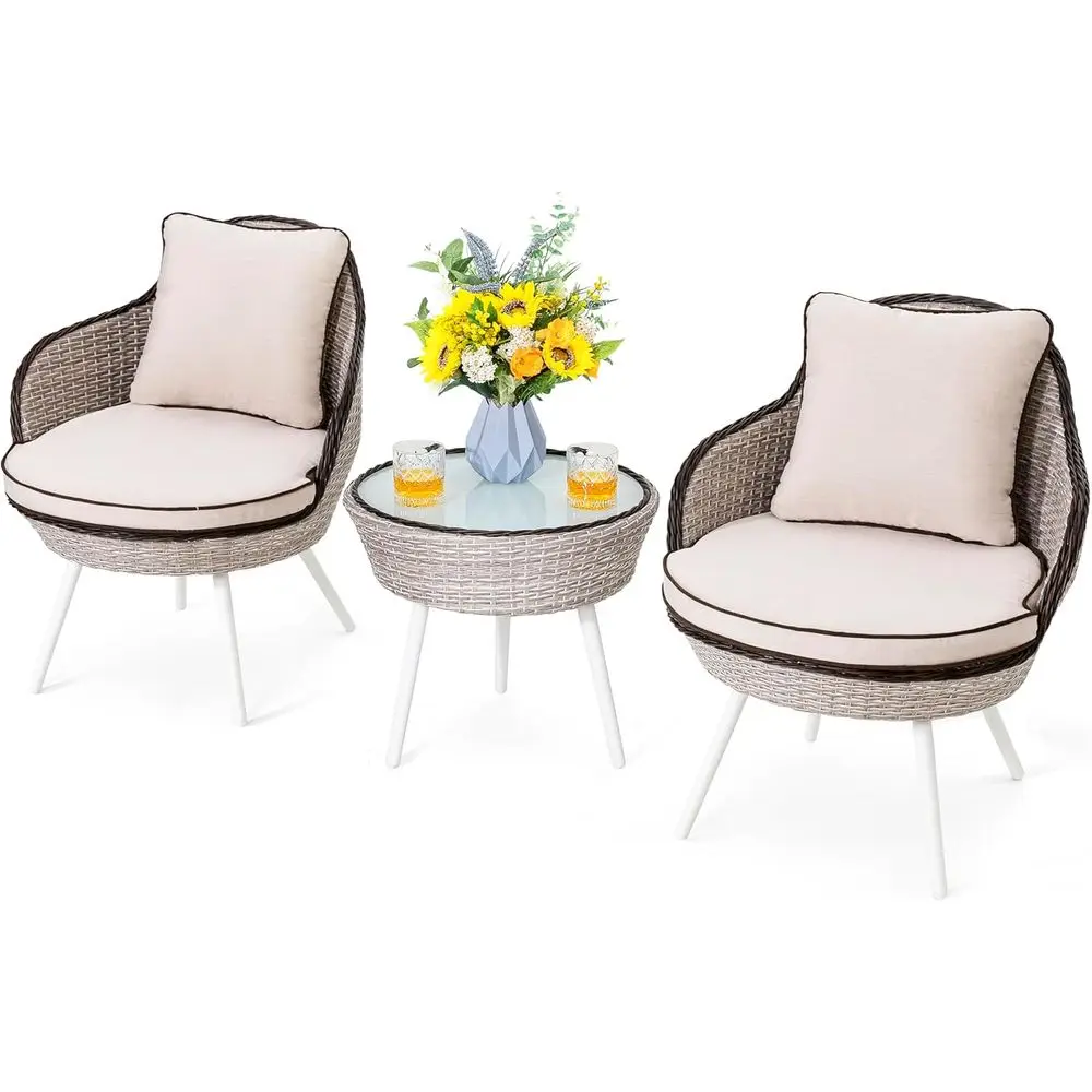 

2-Person Outdoor Patio Set with Bistro Table, Cushions, All-Weather Rattan, White & Light Coffee