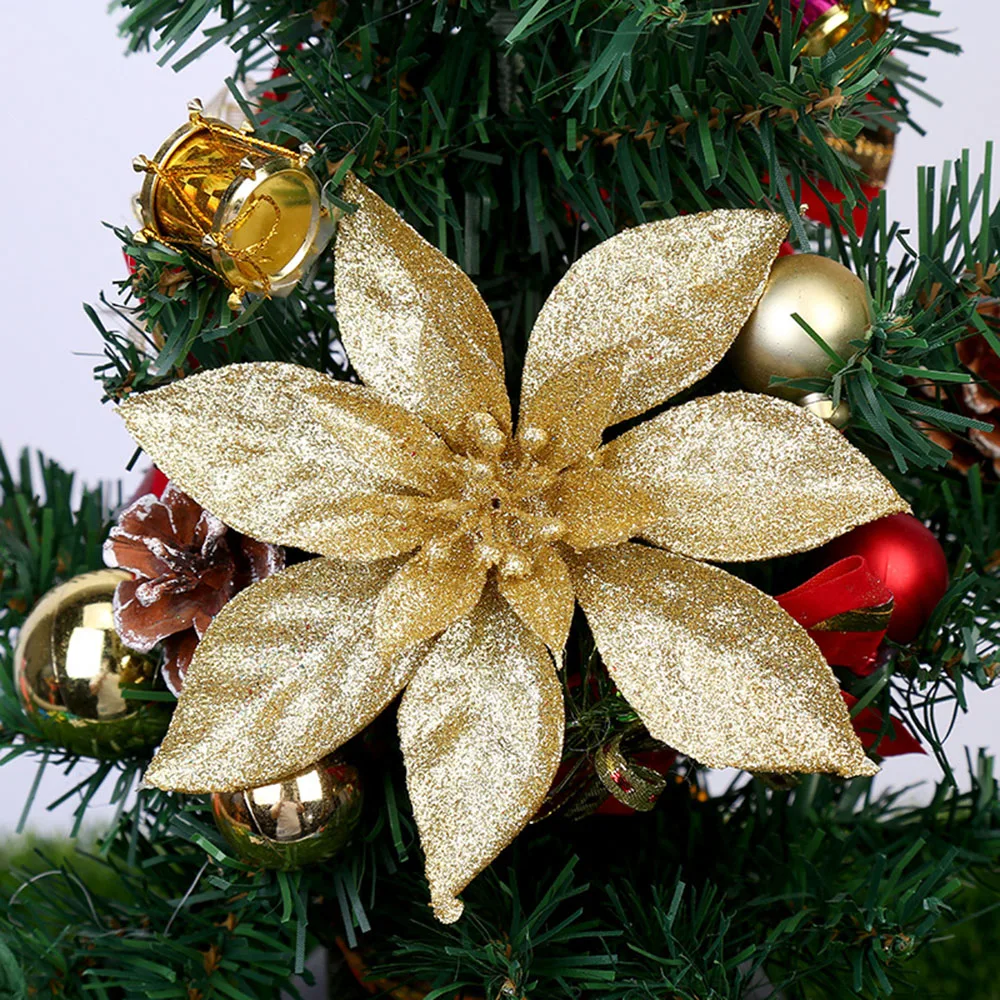10pcs Christmas Poinsettia Glitter Artificial Flower Xmas Tree Hanging Pendant New Year Party Decoration 2024 Navidad Home Decor
