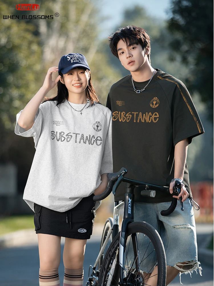 HANLU 2025 Summer Trend Hand drawn letter print Tee Men Women Loose Vintage Streetwear Unisex Casual Oversized T-Shirt