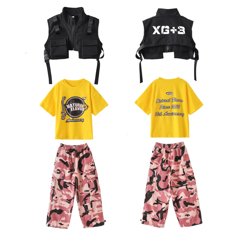 Criança legal hip hop roupas preto carga colete topo rosa camuflagem casual rua calças de carga para menina menino jazz dança traje roupas