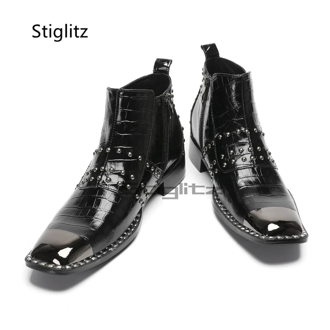 Men's Black Rivet Boots Genuine Leather Patchwork Ankle Boots Metal Square Toe Dress Zip Chelsea Boots Spring Autumn Male Shoes