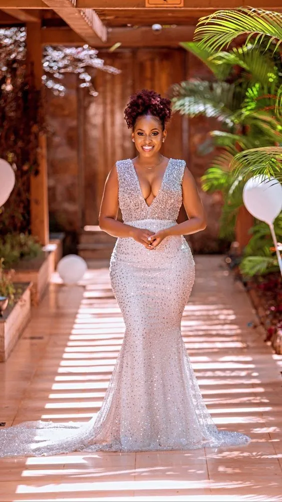 Luxury Sparkle Lace Long Mermaid Nigerian Evening Dress Sexy Deep V-neck Open Back Aso Ebi Maxi Gowns African Bridal Dress