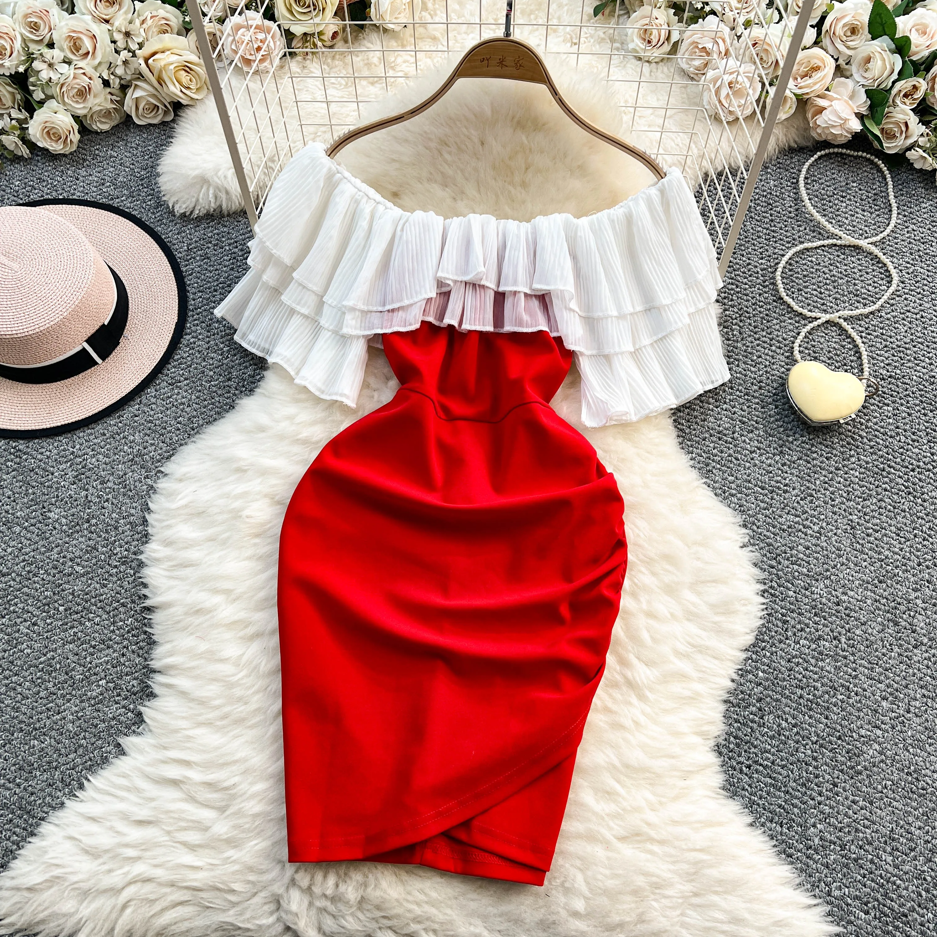 Korea Office Lady Elegante Slash Hals Jurk Vrouwen Hip Hit Kleur Ruches Slanke Sexi Chaming Jurken Zakelijk Diner Banketten Jurk