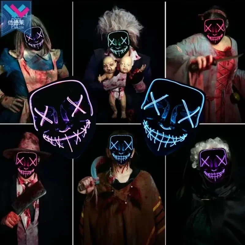 2026 Wireless Neon LED Purge Mask Glow in The Dark Cosplay Horror Mask Halloween Masquerade Party Masks Glowing Funny Dress Up