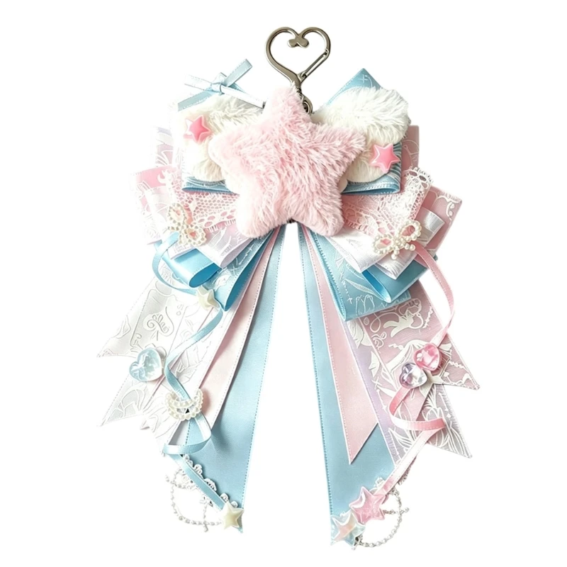 HX5E Bows Keychain Charm with Plush Star Center and Heart Clasp for Bags