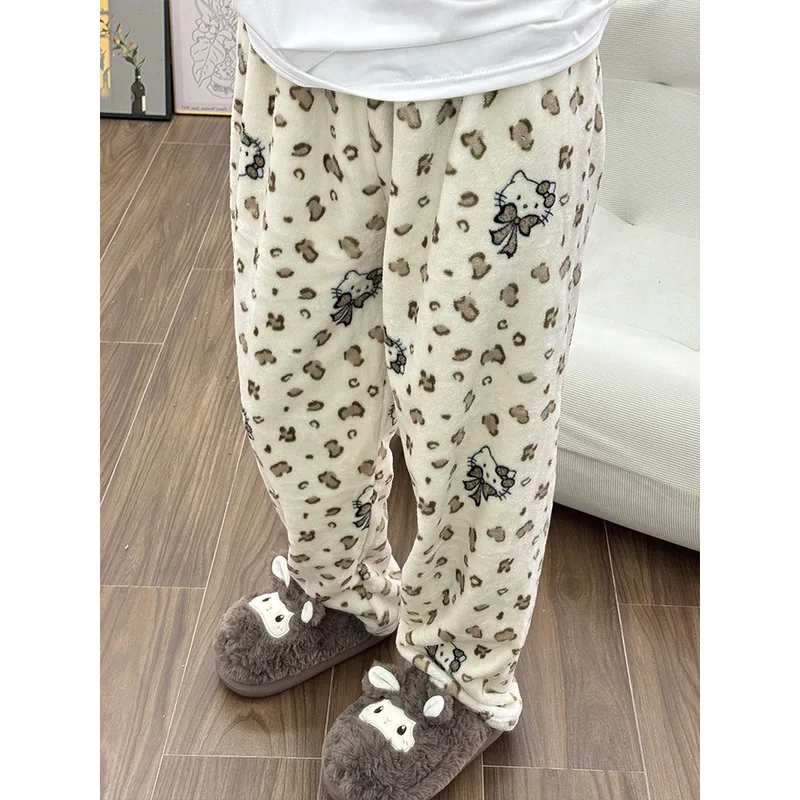 Sanrio Hello Kitty Cute Cartoon Winter New Sleeper Pants Women's Trendy Thick Warm Flannel Sleeper Pants Loose Casual Home Pants