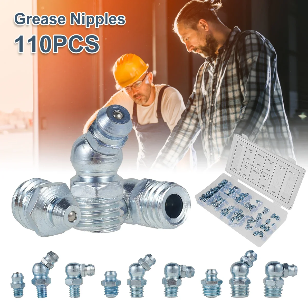 110 Pcs Grease Nipple Fittings Assortment Kit Straight 45-Degree 90-Degree Angled Galvanized Metal Grease Nipple Set M6 M8 M10