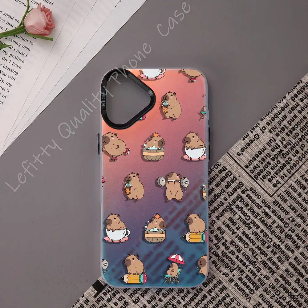 

Cute Cartoon Capibara Phone Case For IPhone 16 15 14 13 12 11 Pro Max Matte Aurora Multicolor Laser Metallic Gradient Funda