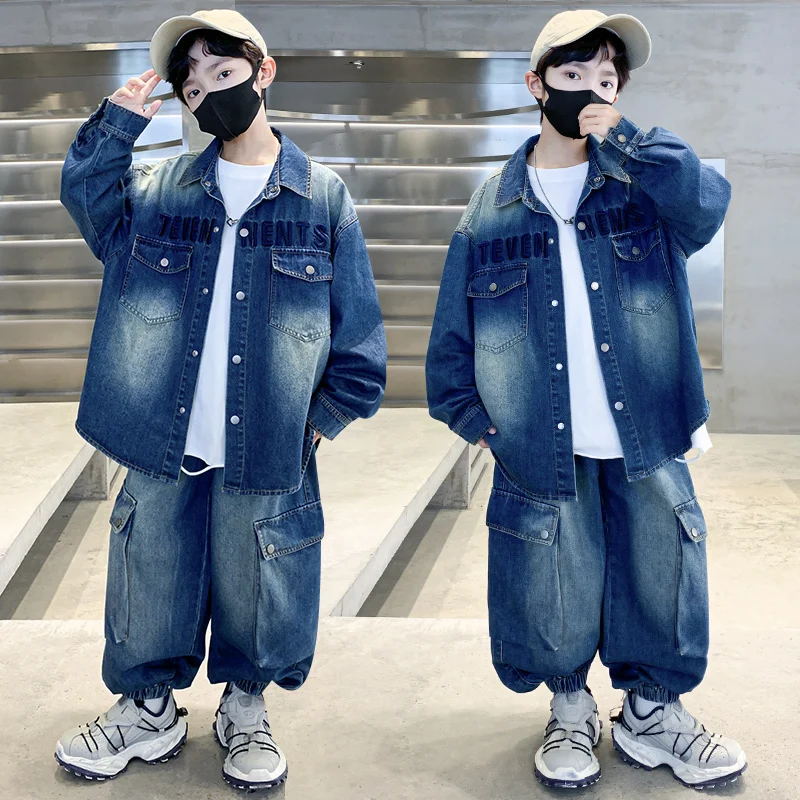 

Faionable Boys' Denim Set Autumn Wear Turn-down Collar Two-piece Suite Cool Street Sle Clothes for Middle And Big Kids