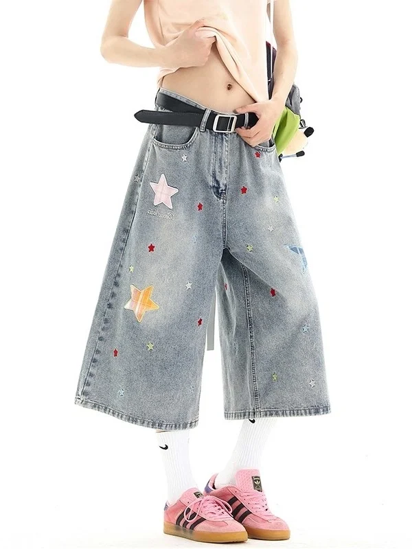 Calças Jeans Americanas de Verão com Bordado de Estrelas, Cintura Média, Perna Reta e Larga, Ajuste Solto Casual para Homens ...