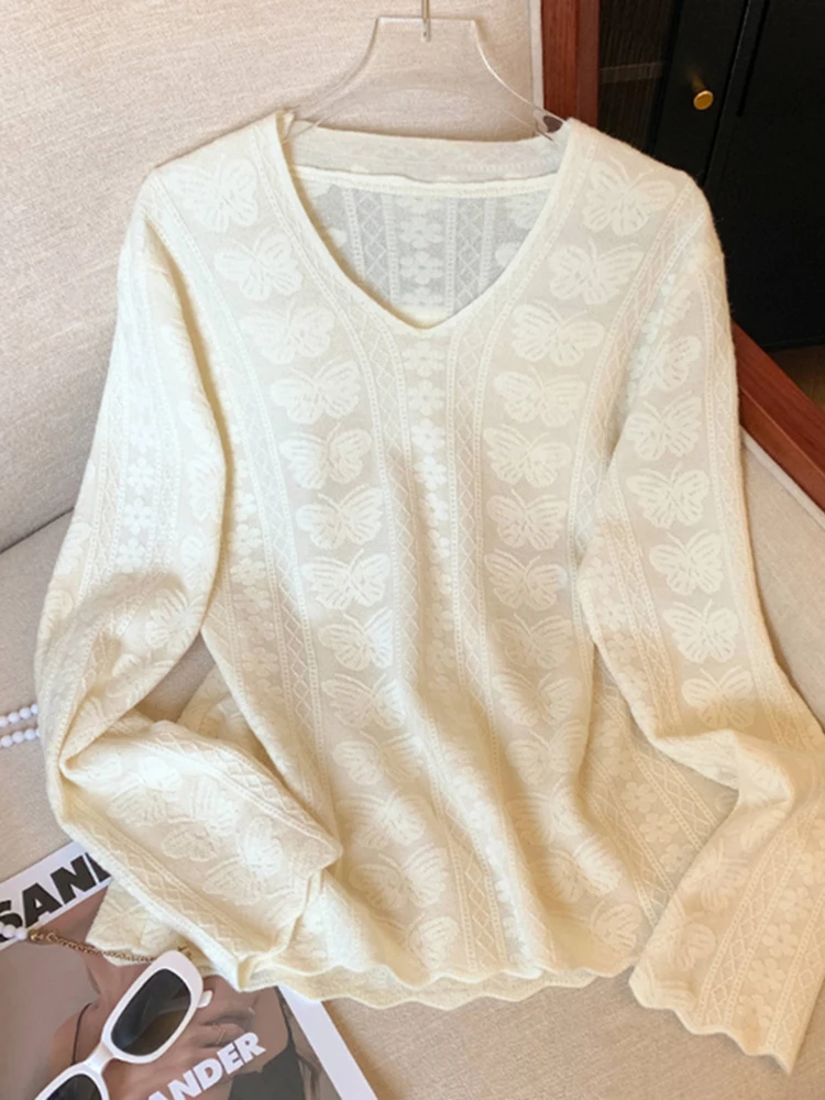 

Повседневный вязаный топ с длинными рукавами для женщин, весенняя модная одежда больших размеров, универсальная простая футболка свободного кроя, визуально стройнящая фигуру.