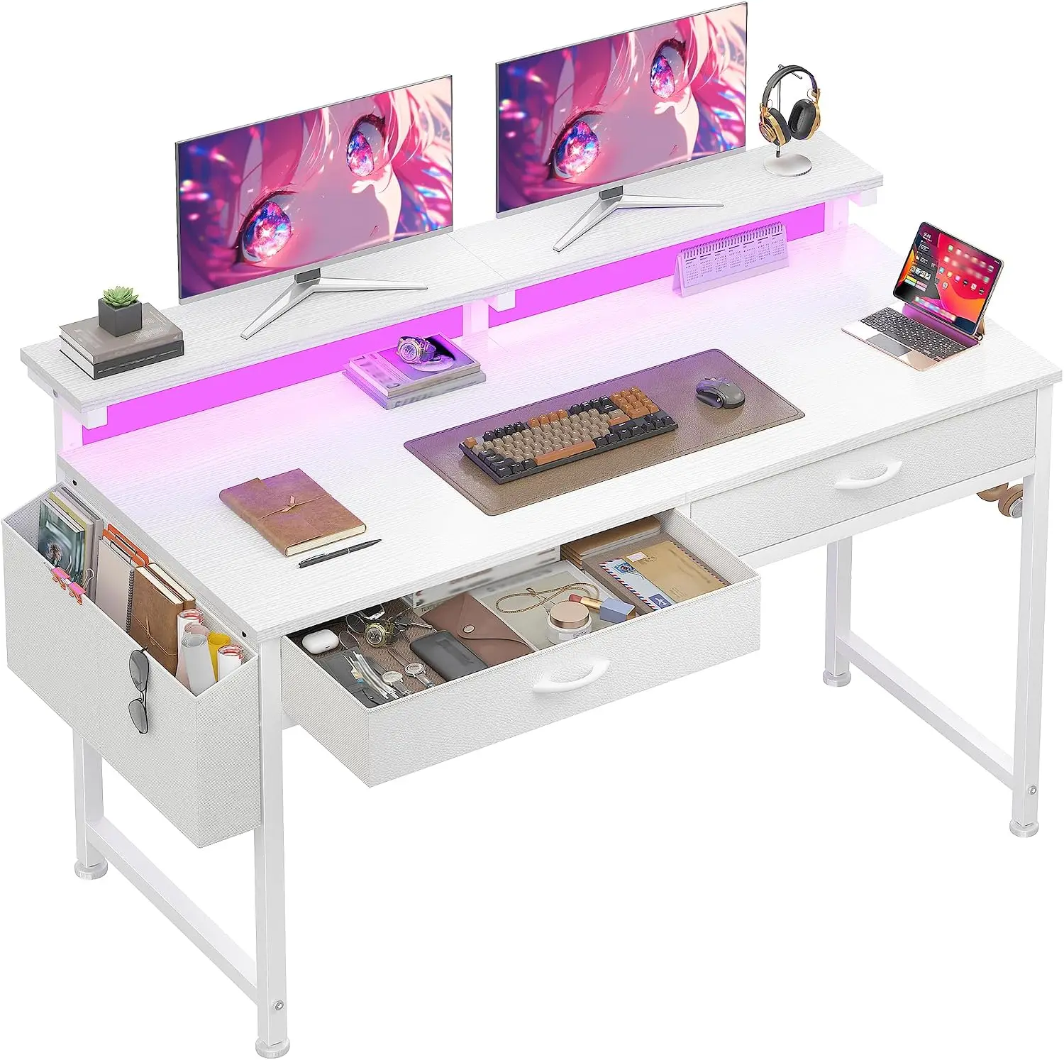 47.3”Computer Desk with 2Drawers & LED Lights,Space Saving,White