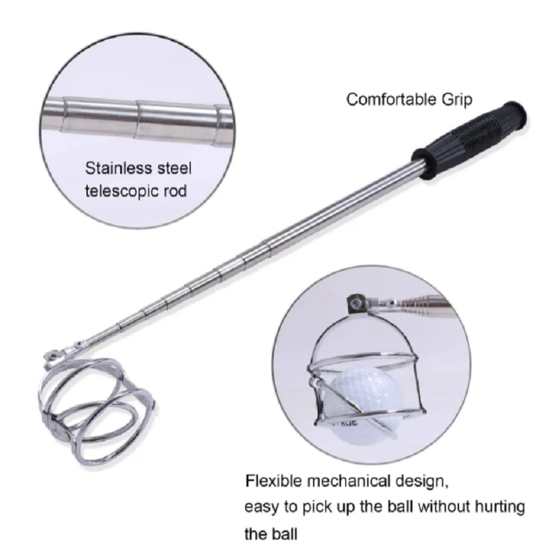 Telescopic Golf Ball Retriever Portable Golf Pick Up Scoop and Golf Ball Grabber with Stainless Steel Rod and Comfortable Grip